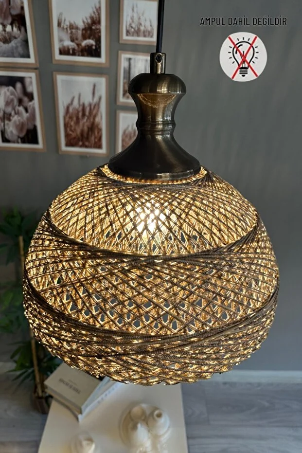 Bohem Recycle İplik Jüt El Yapımı Alaca Ekru İplik Eskitme Tokmak Başlık Tekli Avize